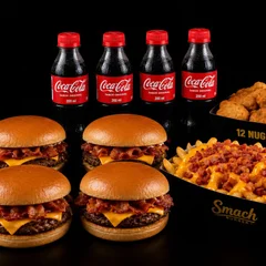 Combo Família |  4 Lanches + Batata c/ Cheddar  e Bacon + 12 Nuggets + 4 Coca-Cola 200ml