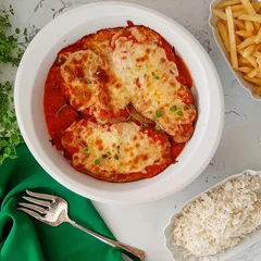Filé de Frango à Parmegiana com Arroz e Fritas Crocante (Serve 1 Pessoa)
