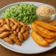 Iscas de frango com arroz de brócolis farofa da casa e batat rústica