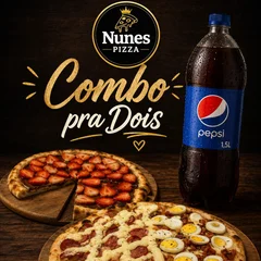 Pizza grande de 35cm tradicional ou especial até dois sabores, doce pequena e refrigerante 1,5L grátis
