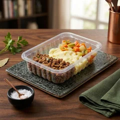 Carne moída, purê de batata inglesa e mix de legumes.