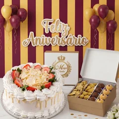 Kit festa 3 com 1.5 kg de bolo, 150 salgados fritos e 100 doces