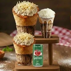 2 Strogonoff de frango + 1 Mini pizza doce + Refrigerante lata 