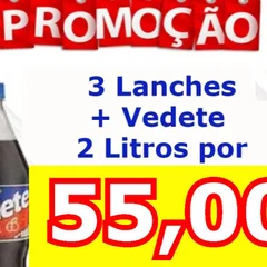 1 Mickey (X-Calabresa) + 1 Max (X-Burguer) + 1 Pluto´s Simples 2 salsichas + Vedete 2L