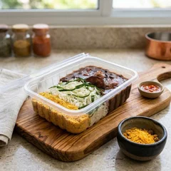 Feijoada Fit, arroz branco com couve e farofa.