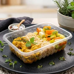 Tiras de frango, arroz integral e mix de legumes.