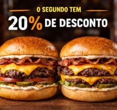 Na compra de 1 hamburguer artesanal o segundo tem 20% de desconto