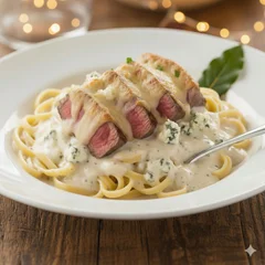 Iscas De Filé Mignon Ao Molho Gorgonzola Com Fettuccine (Serve 1 Pessoa)