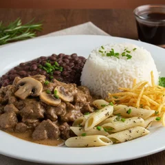 Estrogonofe de Carne Arroz e Batata PAlha