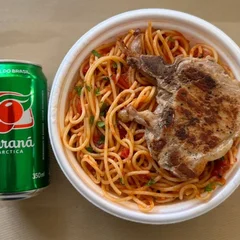 Espaguete & Bisteca Suína + lata Guaraná + R$ 14,99 leve outra marmitex