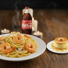 Combo Dueto Camarão 4 Queijos com Champignon  + 1 Coca-Cola (1L) + 2 Sobremesas