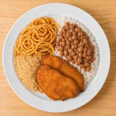 Frango  Milanesa, arroz e feijão, espaguete e farofa