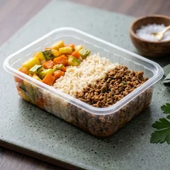 Carne moída, arroz integral e mix de legumes.