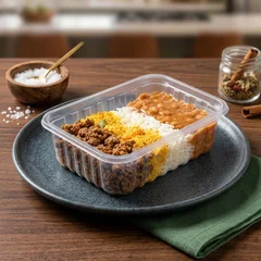 Carne moída, arroz branco, feijão e farofa.