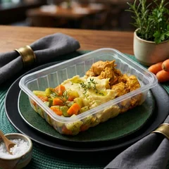 Tiras de frango, purê de batata doce e mix de legumes.