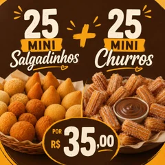 Combo degustação: 25 Salgadinhos de Festa + 25 Mini Churros 