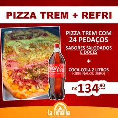 PIZZA TREM: 24 PEDAÇOS + COCA 2L (4 SABORES A ESCOLHA)