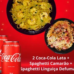 Espaguete Camarão + Espaguete linguiça + 2 Coca-Cola Original Lata 350ml