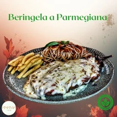 Berinjela à Parmegiana com Espaguete ou Arroz e Batatas Fritas