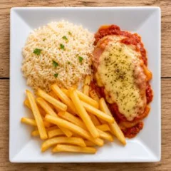 Frango Parmegiana, arroz e Batata Frita