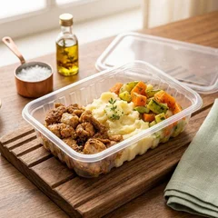 Tiras de frango, purê de batata inglesa e mix de legumes.