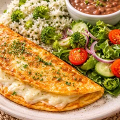Omelete Recheada com mussarela,arroz branco ,salada verde e feijão