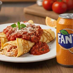 Panqueca de Frango ao Molho Sugo + Fanta Lata