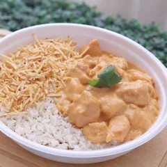 ESTROGONOFE DE FRANGO COM ARROZ E BATATA PALHA