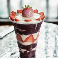 Açai no copo de 500ml de Ninho e Morango,  Leite condensado, Leite em pó