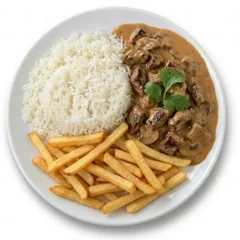 Arroz, Strogonoff de Boi e Batata Frita