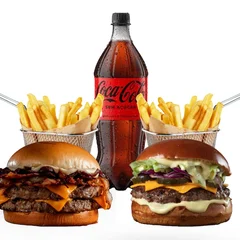 Combo Casal - 02 Hambúrgueres + 02 Acompanhamentos + 01 Refri (1 Litro)