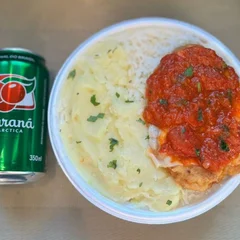 Frango Parmegiana & Purê + lata Guaraná + R$ 14,99 leve outra marmitex