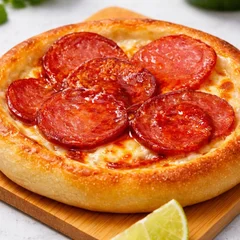 Calabresa fatiada, molho especial e mussarela