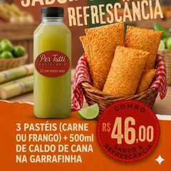 COMBO  4 SABOR E REFRESCÂNCIA ( 3 PASTEIS DE CARNE OU FRANGO E 500ML DE CALDO DE CANA))