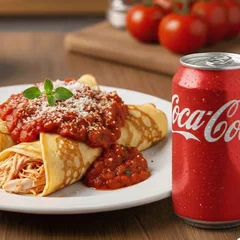 Panqueca de Frango ao Molho Sugo + Coca Cola Lata