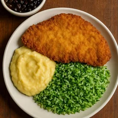 Frango a milanesa,arroz com brocolis e pure de batata