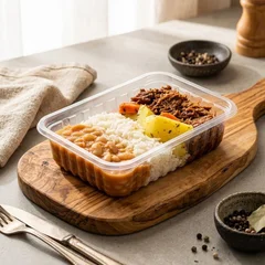 Carne de Panela, arroz branco, feijão, batata e cenoura.