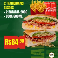 Combo 2 tradicionais cusco calabresa(Xis Dog Calabresa) + 2 batatas 200g + 1 coca 600ml