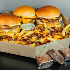 Combo 3 X-Burguers Duplos com Fritas cobertas por Cheddar e Bacon + Brownies