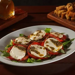 Salada Caprese com Mussarela de Búfala, Rúcula, Manjericão e Molho Pesto