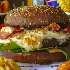 Burger Picanha com Catupiry, alho frito e Bacon em Tiras