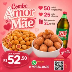 Combo amor de mãe: 50 Salgadinhos de Festa + 25 Mini Churros + Uai 2L GRÁTIS