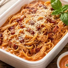 Fettuccine com Frango Desfiado e Bacon 