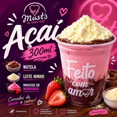  Açaí 300ml + Nutela + Leite Ninho  + Mousse Morango