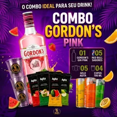 GIN GORDON’S ROSA 750 ML + 5 RED BULL + 5 GELO SABORES 