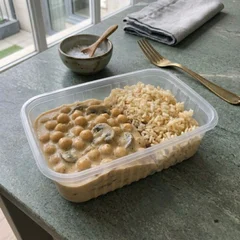 (Vegetariano) Strogonoff de Grão de Bico com Cogumelo Shiitake e arroz integral.