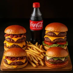 Promoção com 4 Burguers + 4 batatas fritas + 2  Coca-Cola 600ml