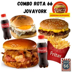 combo rota 66 jovayork vem 1 adrena toscana+ 1 adrena egg +1 cheddar + 1 batata media + 2 coca cola 200 ml 