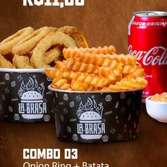 Batata palito, onion rings, refri e maionese