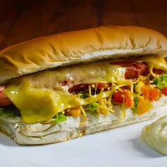 Cachorro quente completo de salsicha 